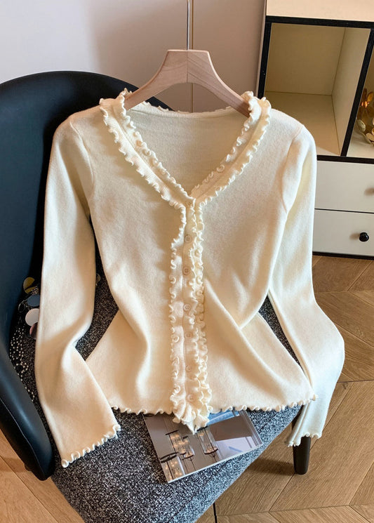 Slim Fit Apricot Ruffled Cozy Knit Sweater Tops