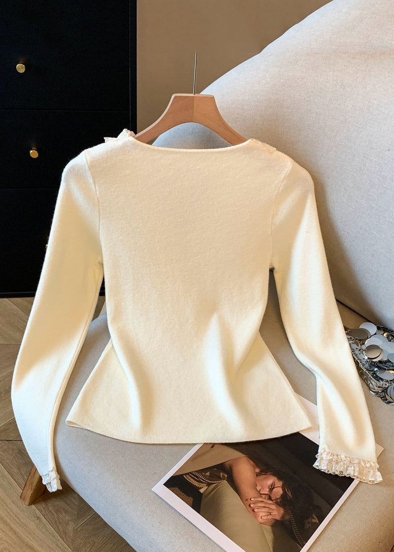 Slim Fit Apricot Ruffled Knitting Cotton T Shirt Top