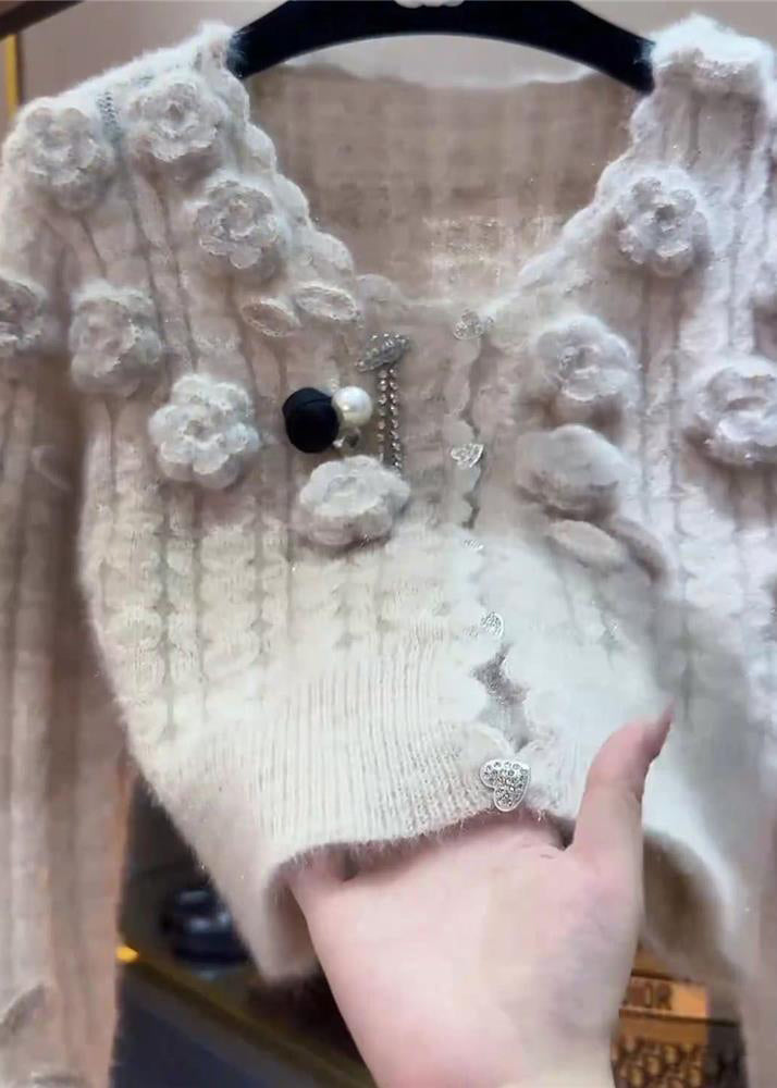 Slim Fit Beige Button Patchwork Knit Sweaters Winter