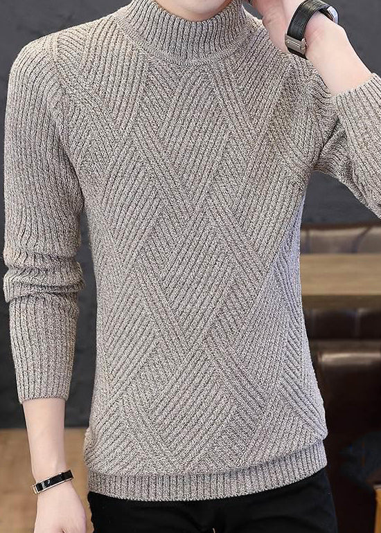 Slim Fit Beige Plaid Knit Sweaters Winter