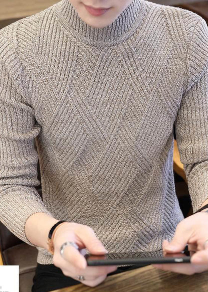Slim Fit Beige Plaid Knit Sweaters Winter