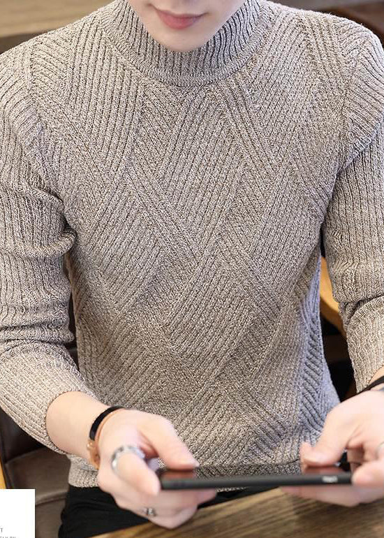 Slim Fit Beige Plaid Knit Sweaters Winter