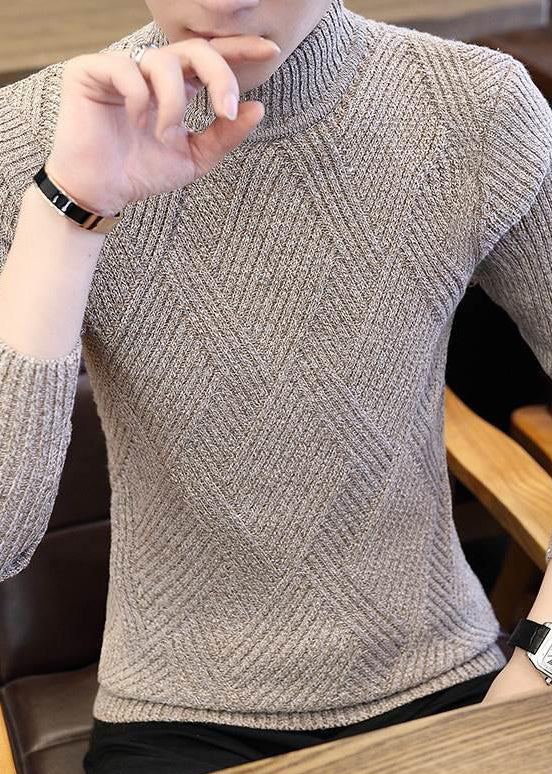 Slim Fit Beige Plaid Knit Sweaters Winter