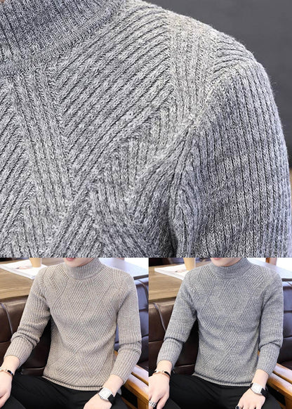 Slim Fit Beige Plaid Knit Sweaters Winter