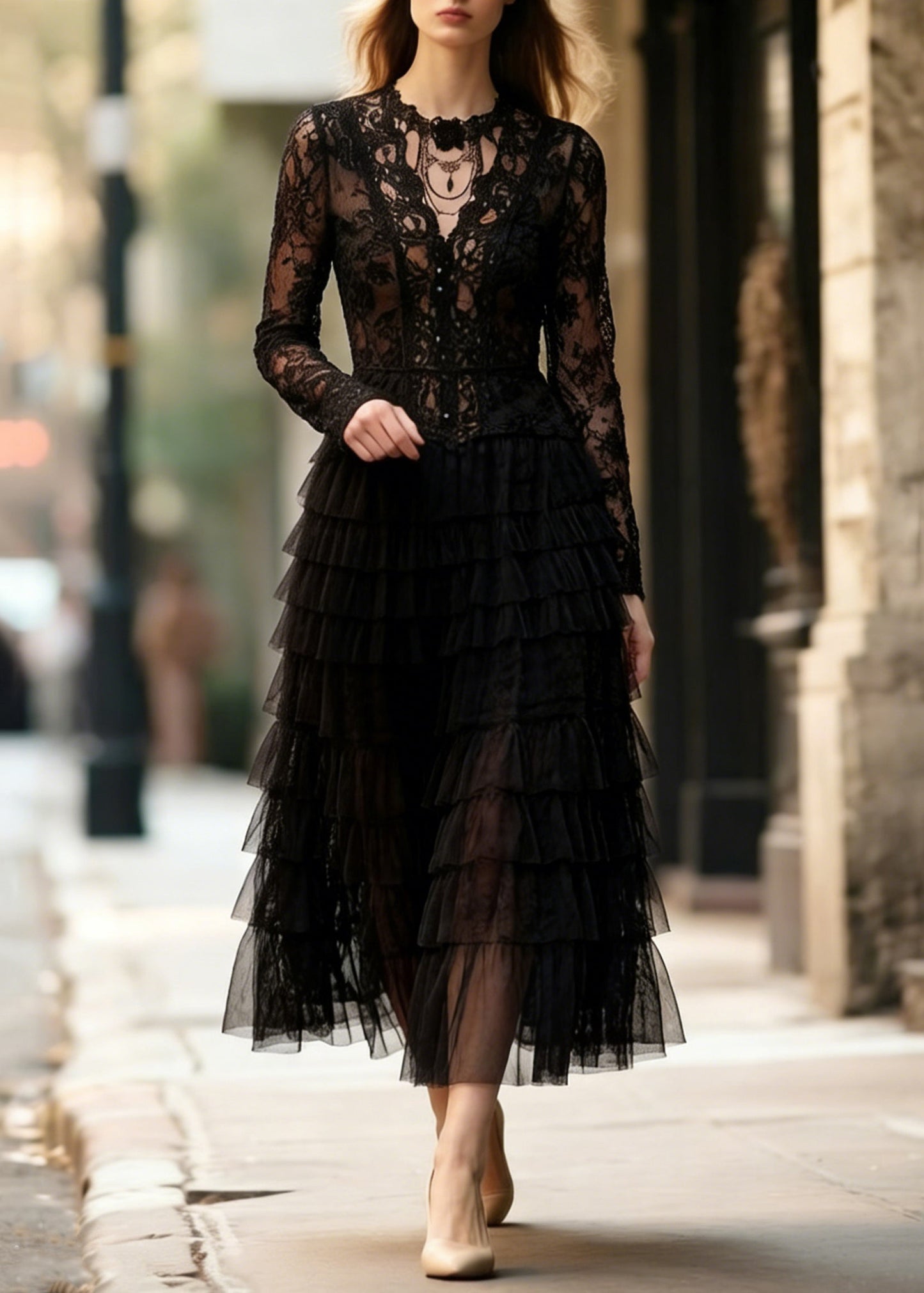 Slim Fit Black Hollow Out Lace Tops and Tulle Skirts Two Pieces Set Spring