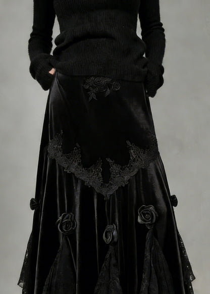 Slim Fit Black Lace Silk Velvet Fish Tail Skirt Spring