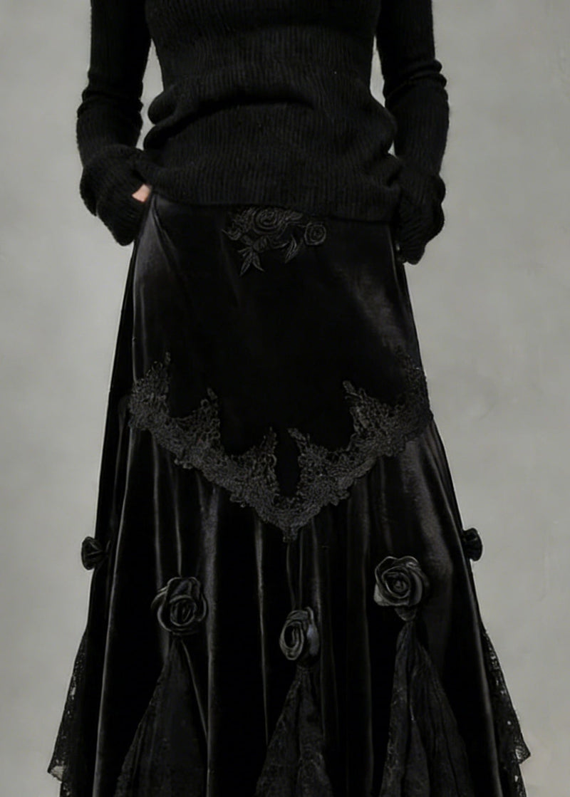 Slim Fit Black Lace Silk Velvet Fish Tail Skirt Spring