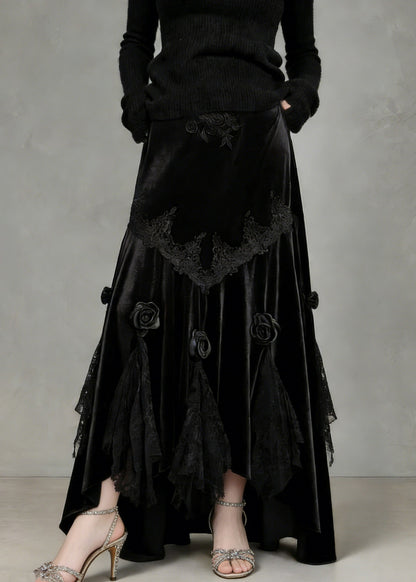 Slim Fit Black Lace Silk Velvet Fish Tail Skirt Spring