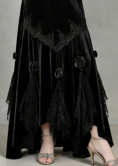 Slim Fit Black Lace Silk Velvet Fish Tail Skirt Spring