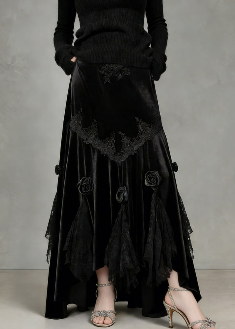 Slim Fit Black Lace Silk Velvet Fish Tail Skirt Spring