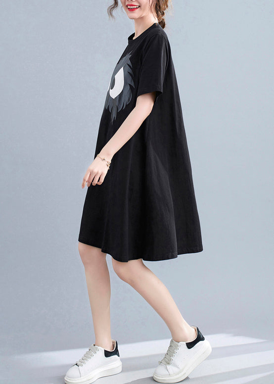Slim Fit Black O-neck Appliques A-line Dresses Short Sleeve