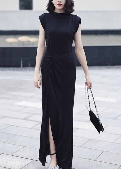 Slim Fit Black O-neck Front Open Patchwork Chiffon Long Dresses Summer