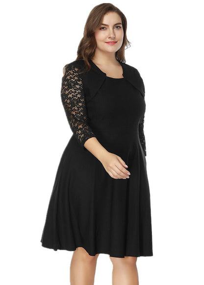 Slim Fit Black O-neck Lace Patchwork Cotton Mid Dresses Bracelet Sleeve