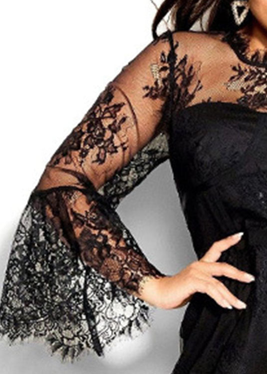 Slim Fit Black O-neck Patchwork Lace Mid Dresses Summer