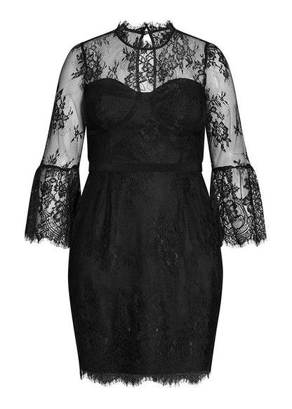 Slim Fit Black O-neck Patchwork Lace Mid Dresses Summer