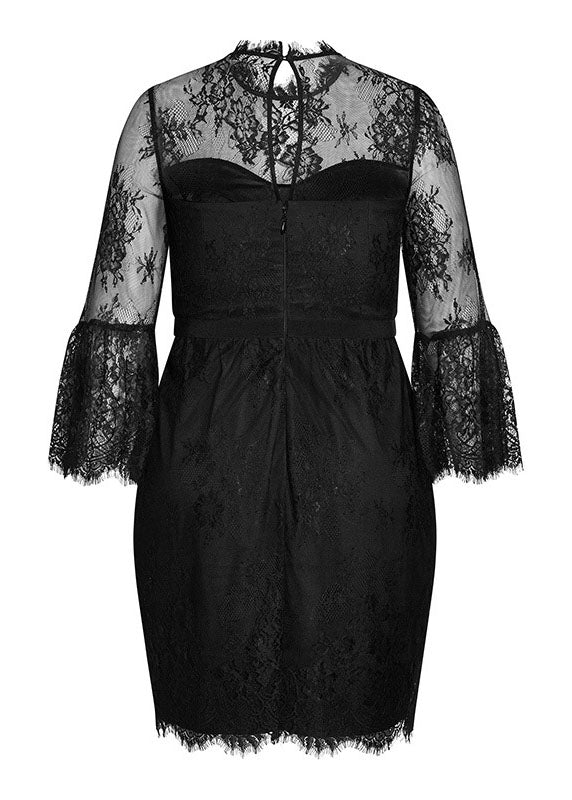 Slim Fit Black O-neck Patchwork Lace Mid Dresses Summer