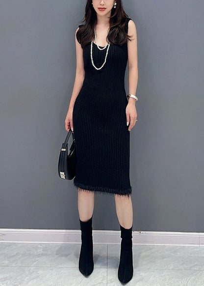Slim Fit Black O Neck Patchwork Tops and Waistcoat Dress Knit Two Piece Set Fall