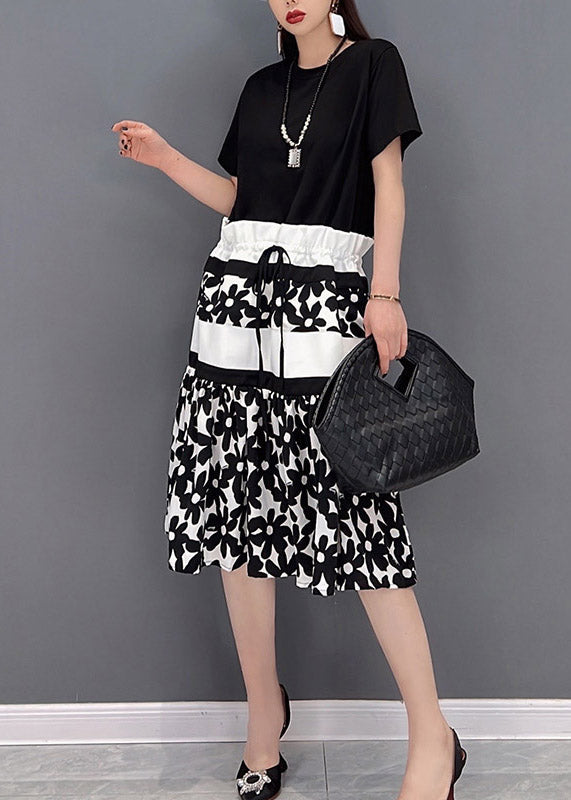 Slim Fit Black O-neck Print Drawstring Patchwork Long Dress Short Sleeve
