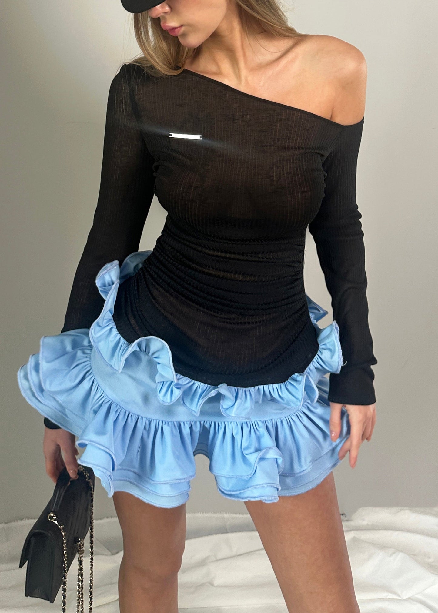 Slim Fit Black One Shoulder Ruffled Mid Dresses Spring