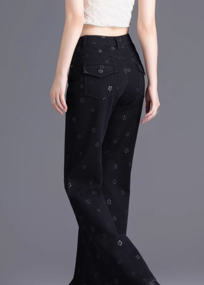 Slim Fit Black Pockets Print Denim Flared Trousers Spring