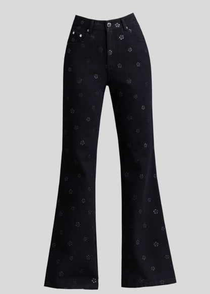 Slim Fit Black Pockets Print Denim Flared Trousers Spring