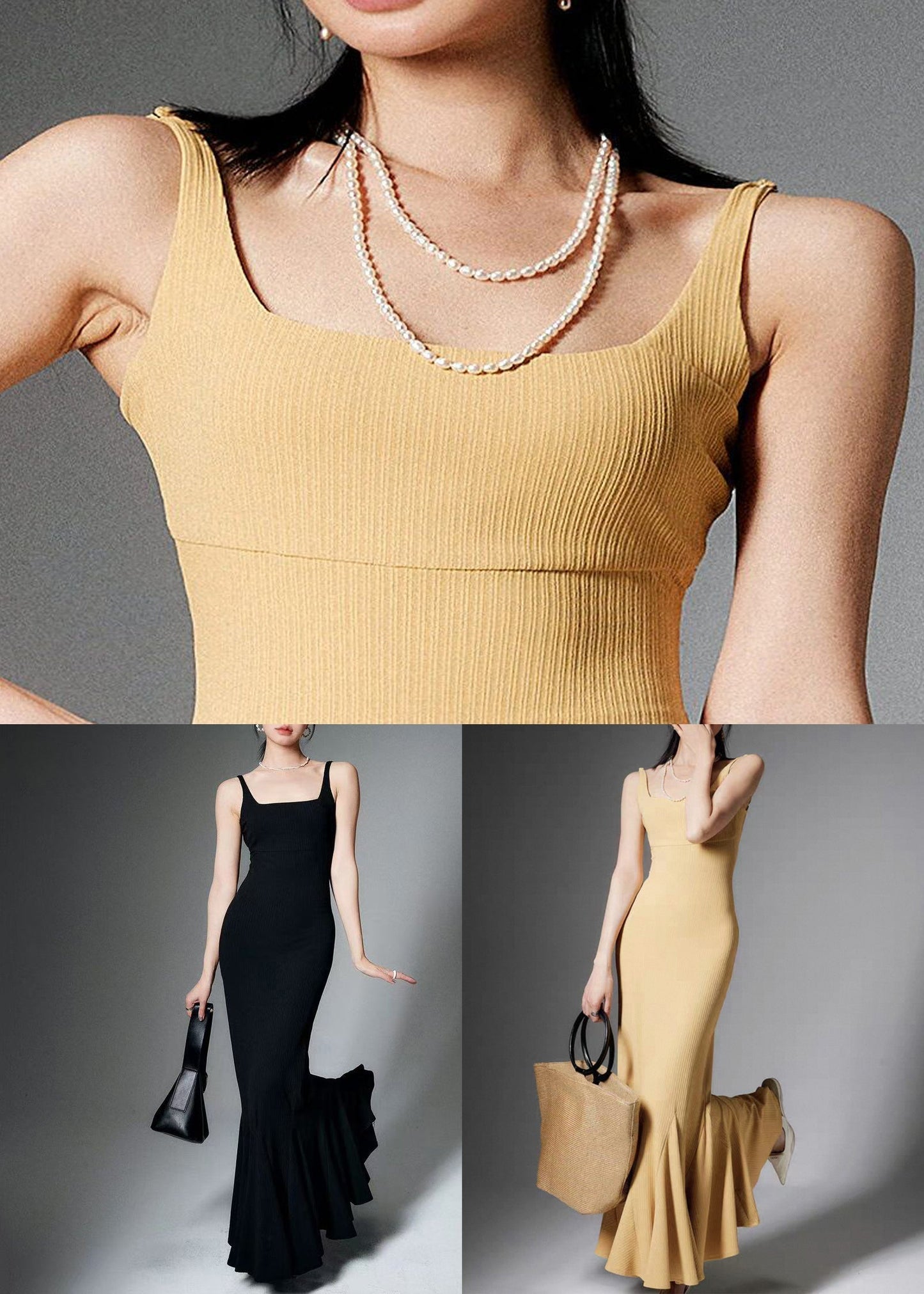 Slim Fit Black Square Collar High Waist Cotton Spaghetti Strap Dress Summer