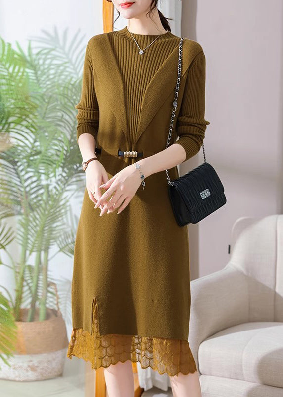 Slim Fit Black Stand Collar Lack Patchwork Llong Cotton Knit Sweater Dress Spring