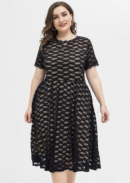 Slim Fit Black V Neck Patchwork Lace Mid Dresses Short Sleeve