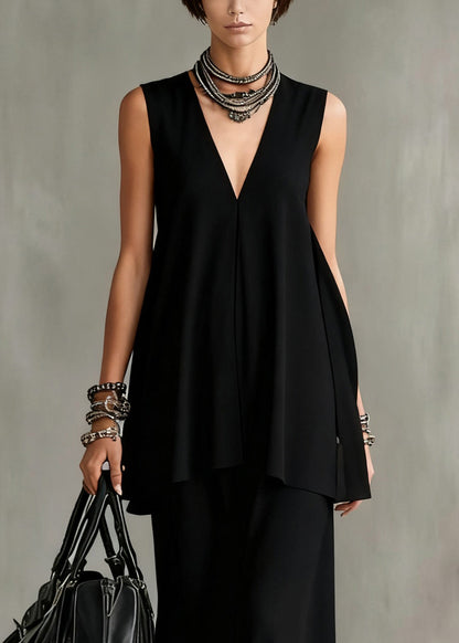 Slim Fit Black V Neck Tops and Skirts Cotton Two Pieces Set Sleeveless