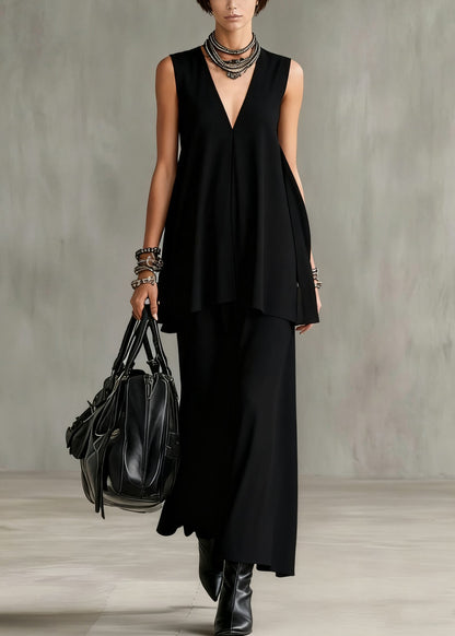 Slim Fit Black V Neck Tops and Skirts Cotton Two Pieces Set Sleeveless