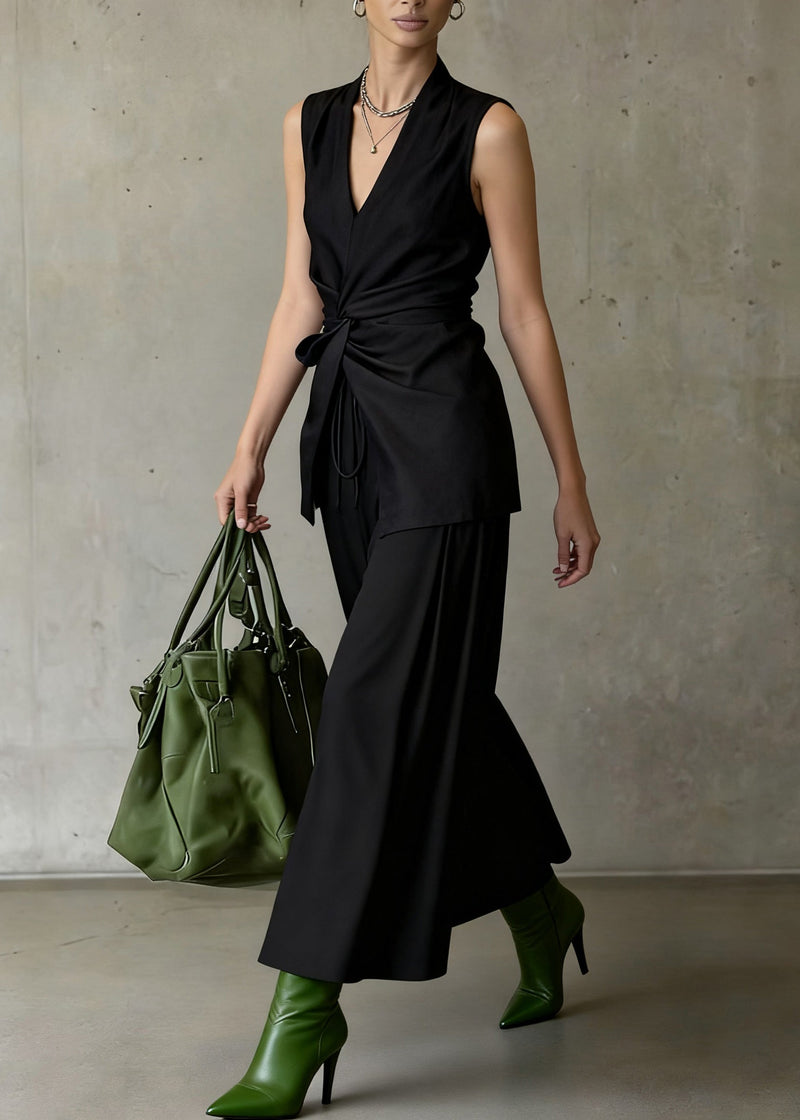 Slim Fit Black Wrinkled Front Open Tops and Wide Leg Pants Two Piece Set Sleeveless