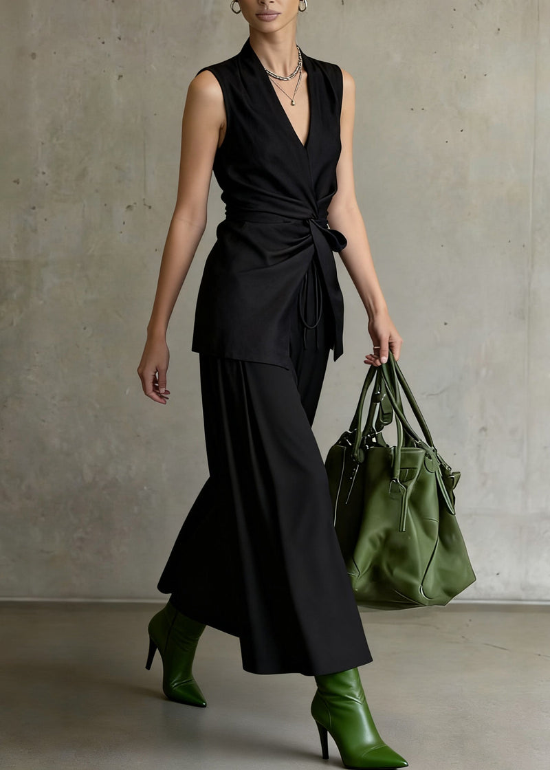 Slim Fit Black Wrinkled Front Open Tops and Wide Leg Pants Two Piece Set Sleeveless