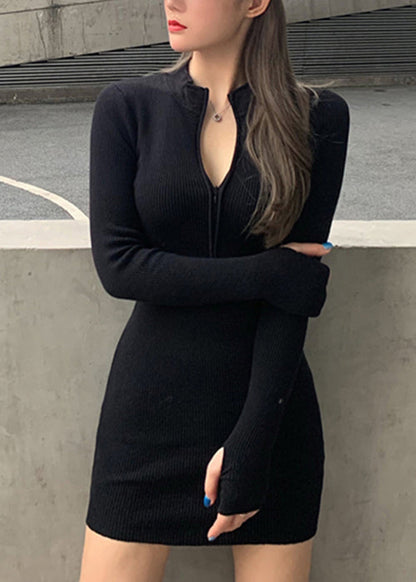 Slim Fit Black Zip Up Knit Mid Dress Spring
