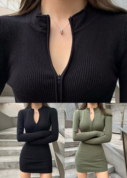 Slim Fit Black Zip Up Knit Mid Dress Spring
