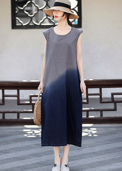 Slim Fit Blackish Green O-neck Color Contrast Tie Dye Long Dress Sleeveless