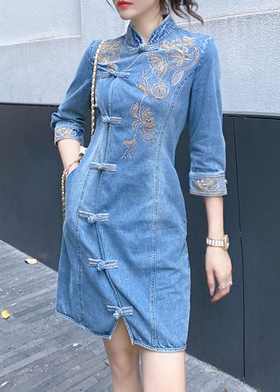 Slim Fit Blue Embroideried Button Denim Mid Dresses Bracelet Sleeve