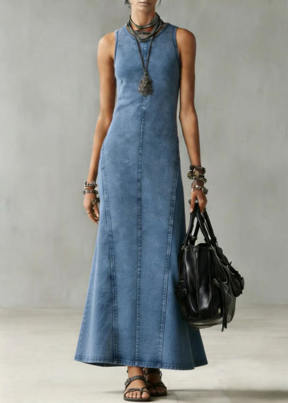 Slim Fit Blue O Neck Denim Long Dress Sleeveless