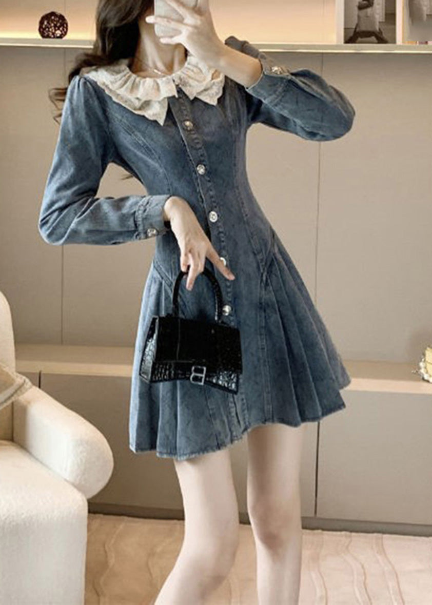 Slim Fit Blue O-neck Lace Patchwork Button Denim Mid Dress Long Sleeve