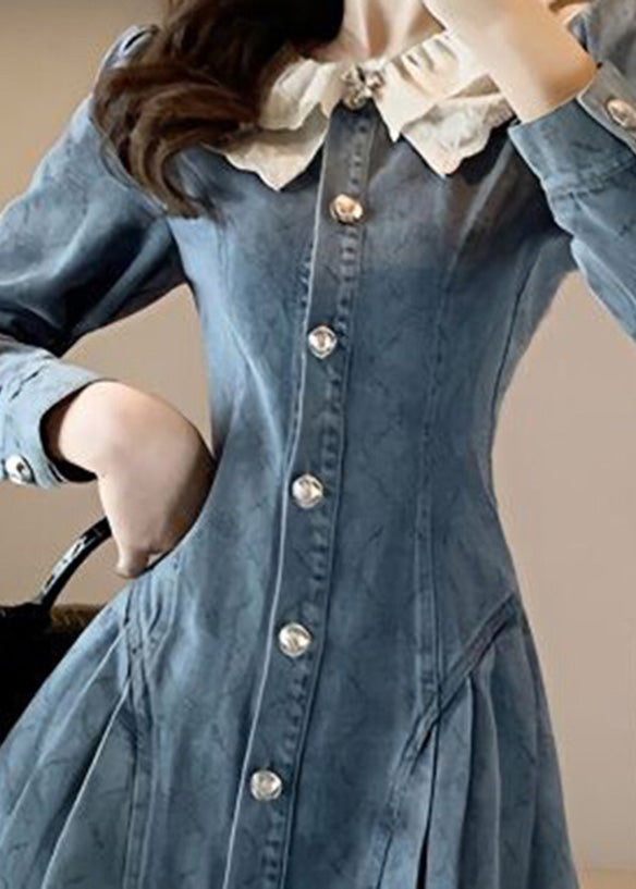 Slim Fit Blue O-neck Lace Patchwork Button Denim Mid Dress Long Sleeve