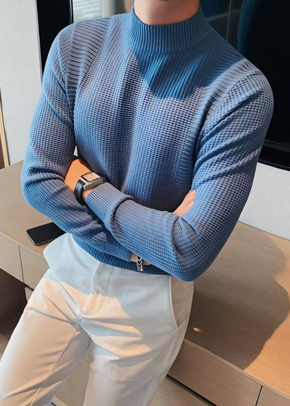 Slim Fit Blue Turtleneck Plaid Knit Sweaters Fall