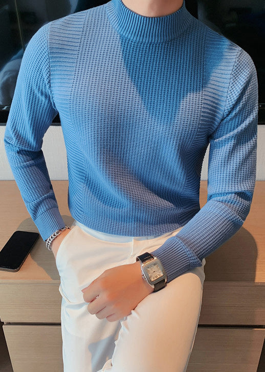 Slim Fit Blue Turtleneck Plaid Knit Sweaters Fall