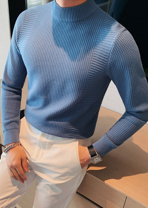 Slim Fit Blue Turtleneck Plaid Knit Sweaters Fall