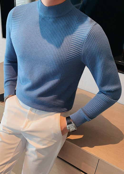 Slim Fit Blue Turtleneck Plaid Knit Sweaters Fall