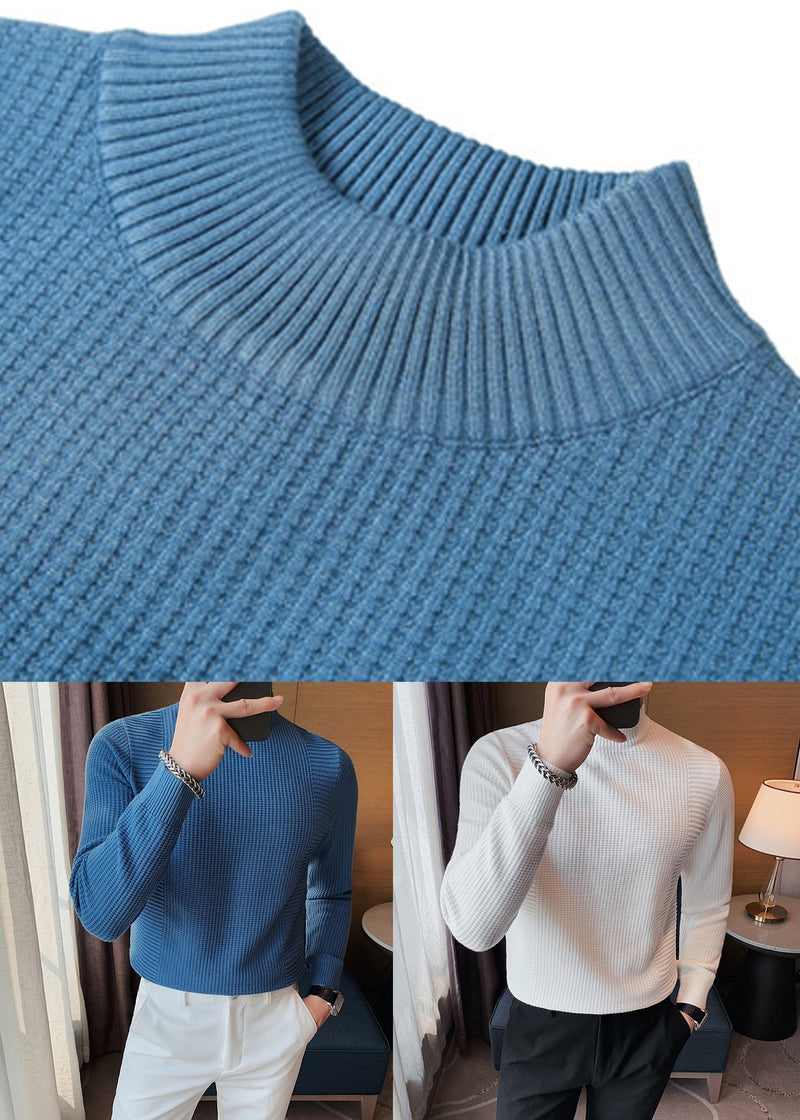 Slim Fit Blue Turtleneck Plaid Knit Sweaters Fall