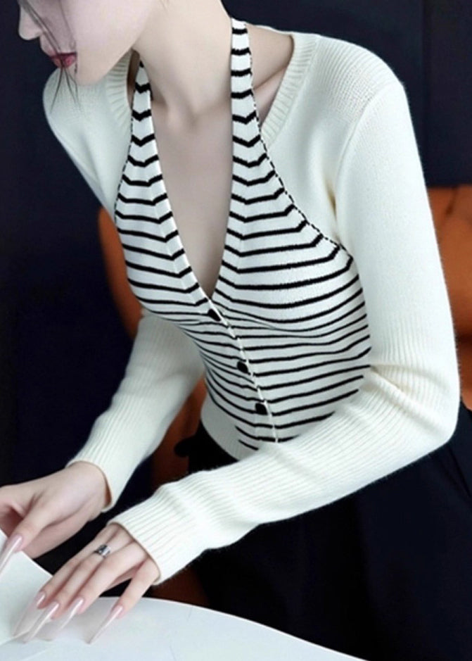 Slim Fit Blue V Neck Striped Patchwork Knit Sweaters Spring