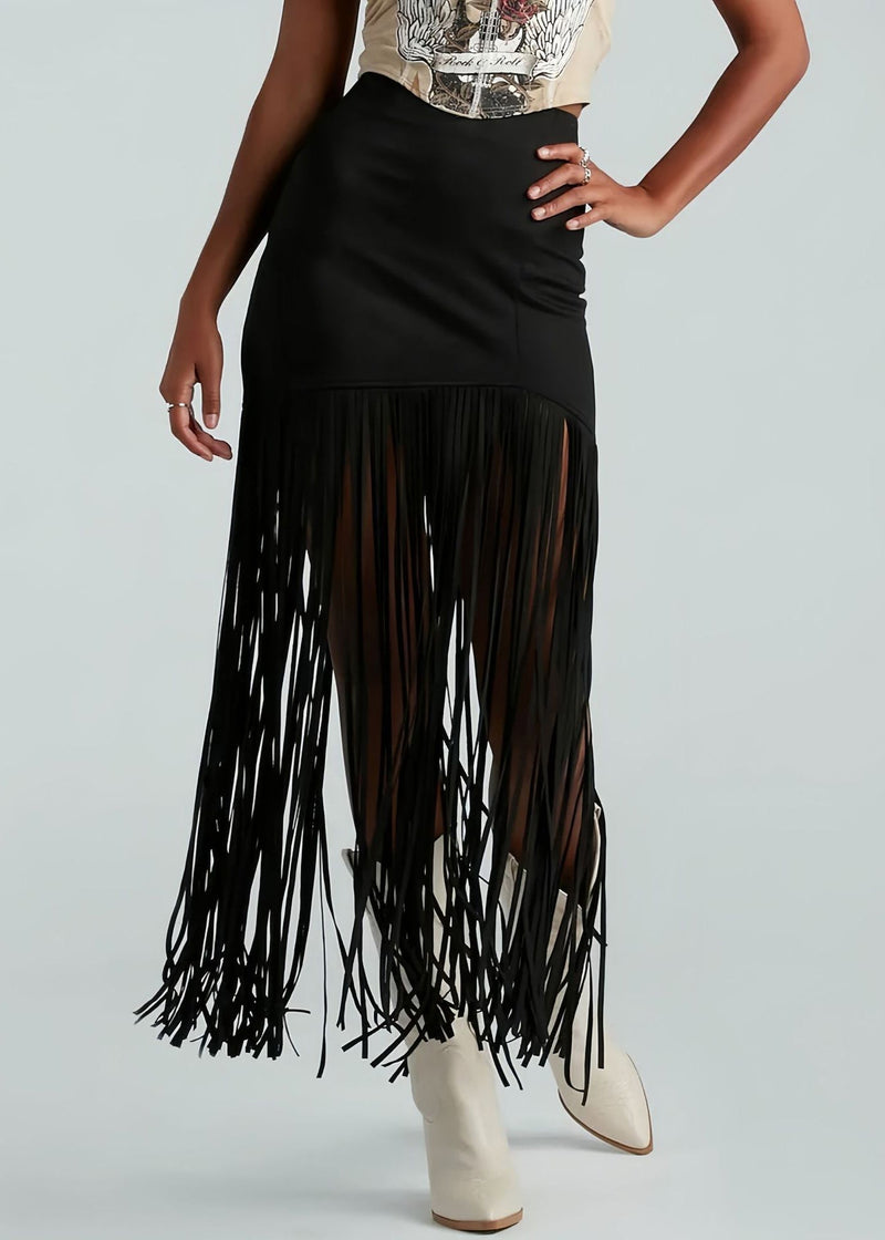 Slim Fit Brick Red Tasseled Zippered Faux Suede Maxi Skirts