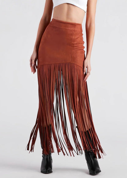 Slim Fit Brick Red Tasseled Zippered Faux Suede Maxi Skirts