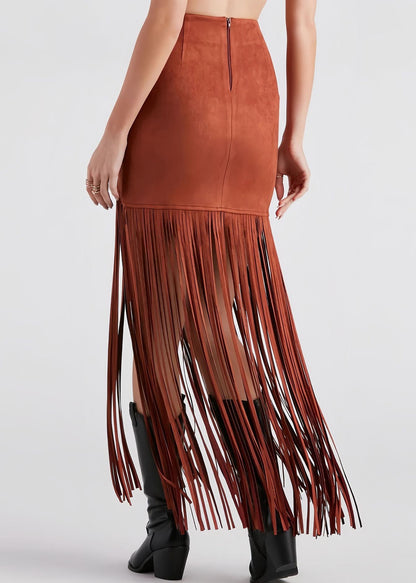 Slim Fit Brick Red Tasseled Zippered Faux Suede Maxi Skirts