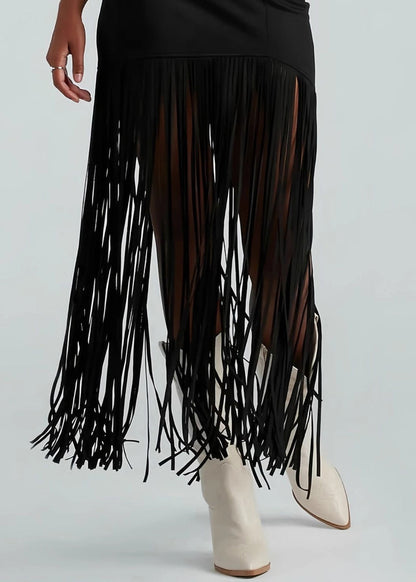 Slim Fit Brick Red Tasseled Zippered Faux Suede Maxi Skirts