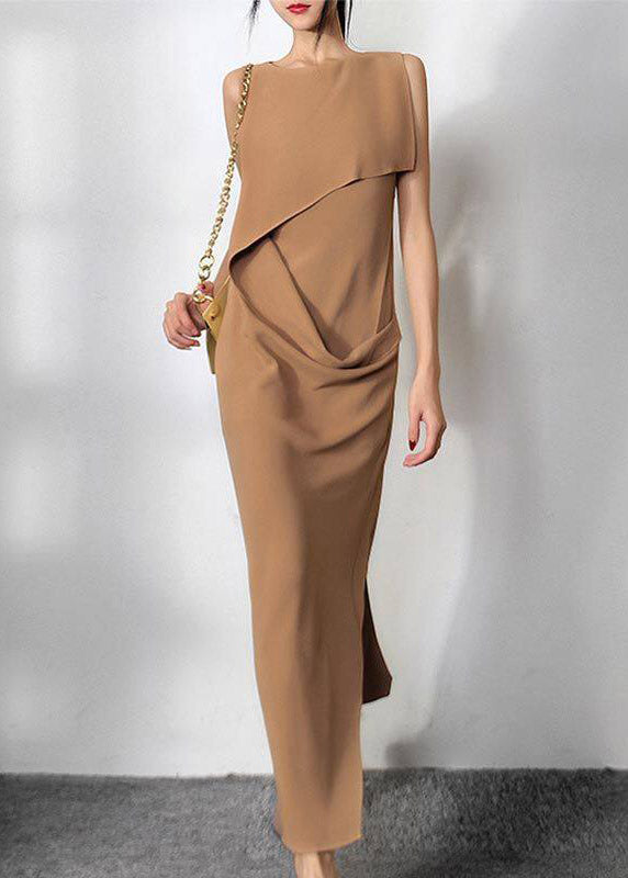 Slim Fit Camel Asymmetrical Side Open Holiday Long Dress Sleeveless